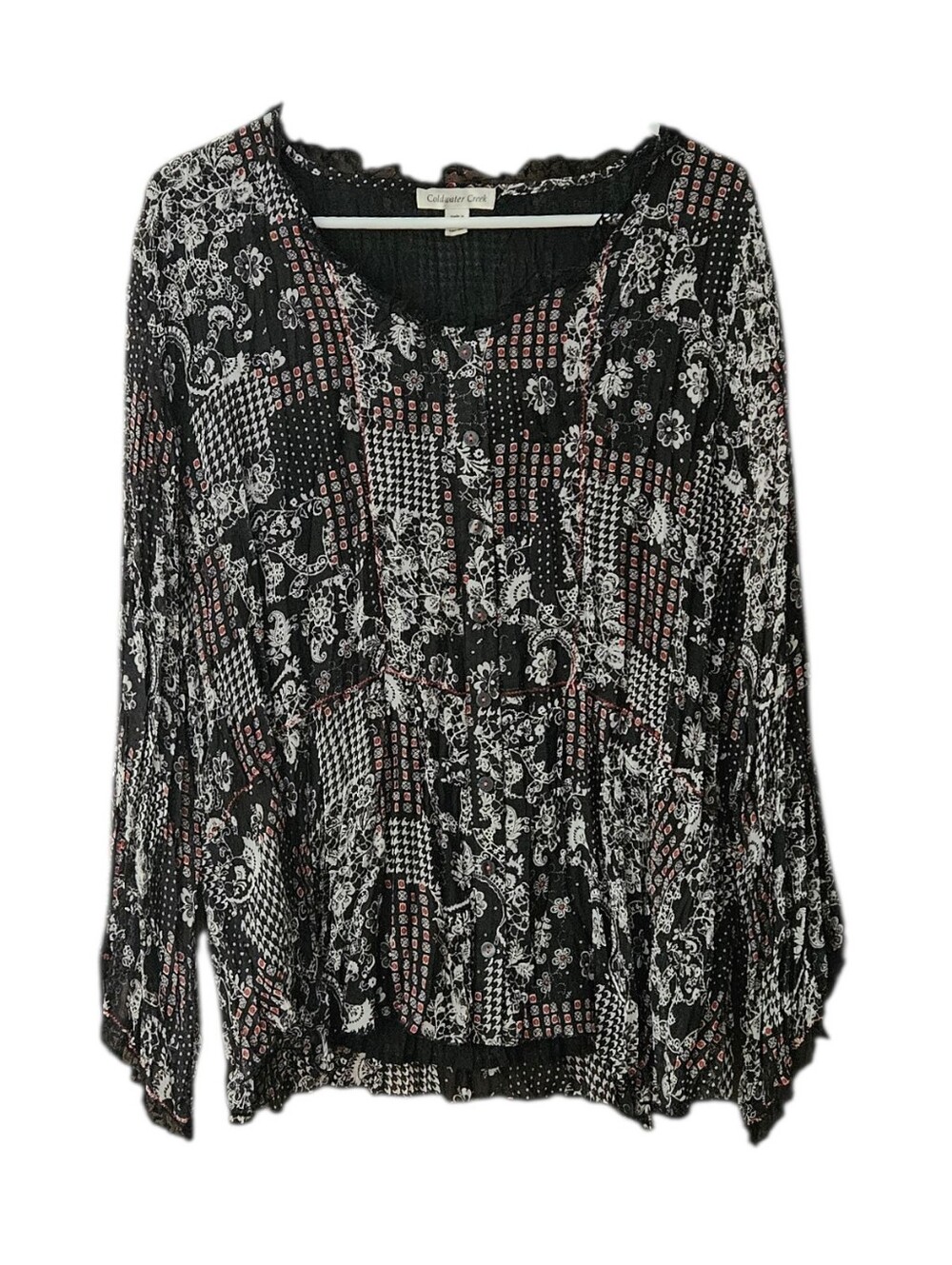 Coldwater Creek Black Floral Button-Front Blouse Women 1X Long Sleeve Lined